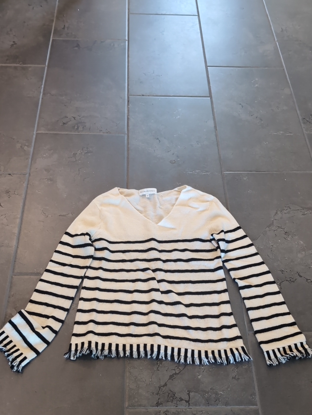 Striped V-Neck Fringe Hem Cashmere Sweater - Cream & Black